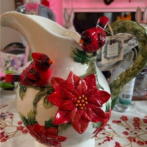 Festive Red Poinsettia & Cardinal Ceramic Pitcher - by Ridgefield Home